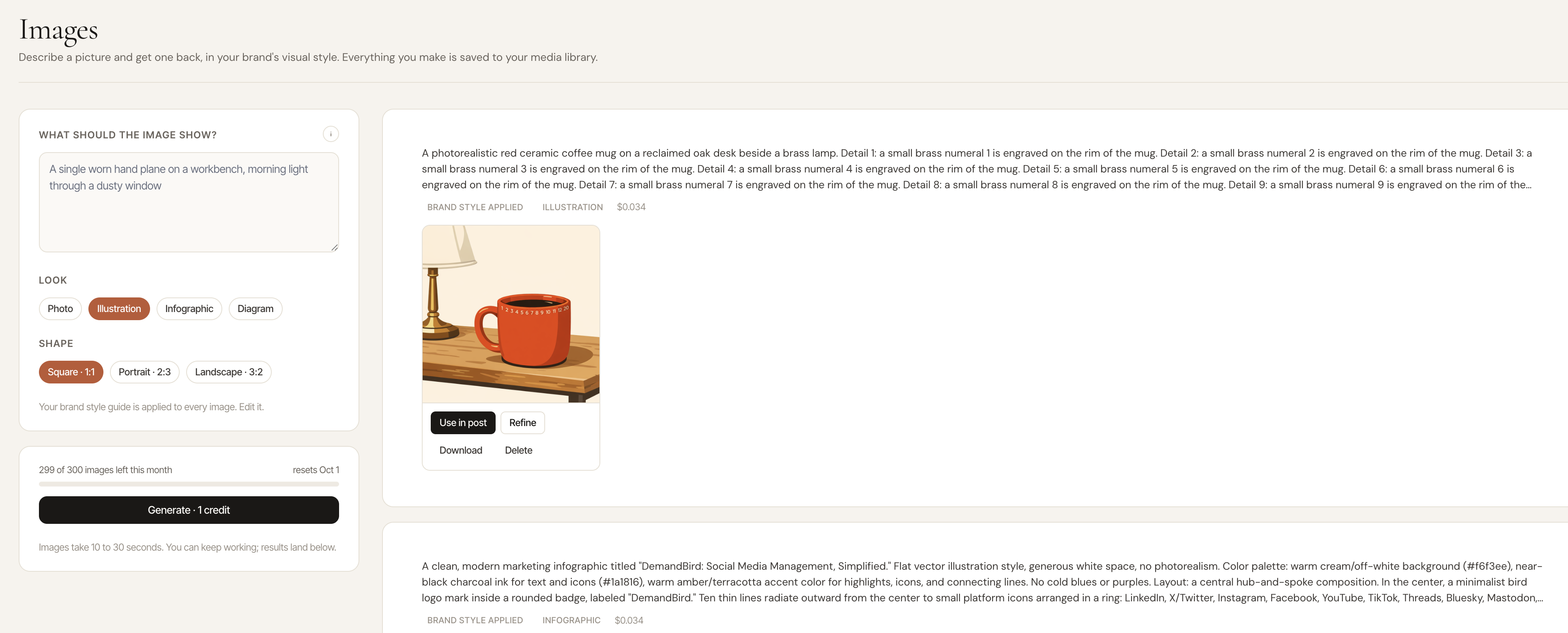 The image studio: a prompt box with Look and Shape options and a Generate button, next to a generated illustration with Use in post and Refine.