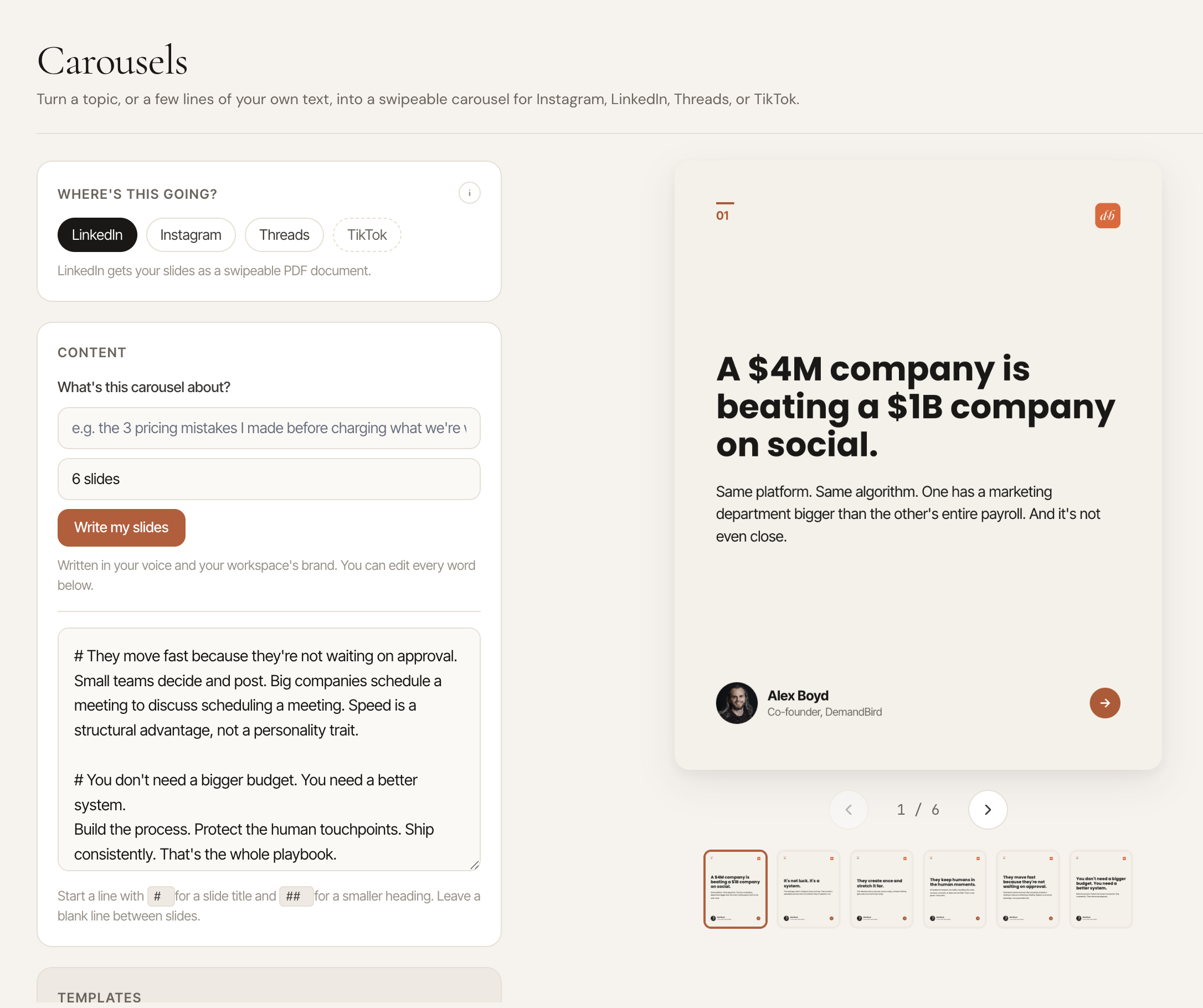 The carousel studio: platform choice and slide text on the left, a preview of the first slide and thumbnails of all six on the right.