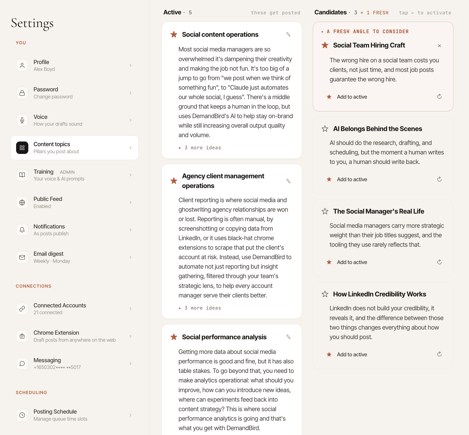 The content topics page with five active pillars on the left and candidate pillars on the right, the top one marked as a fresh angle to consider.