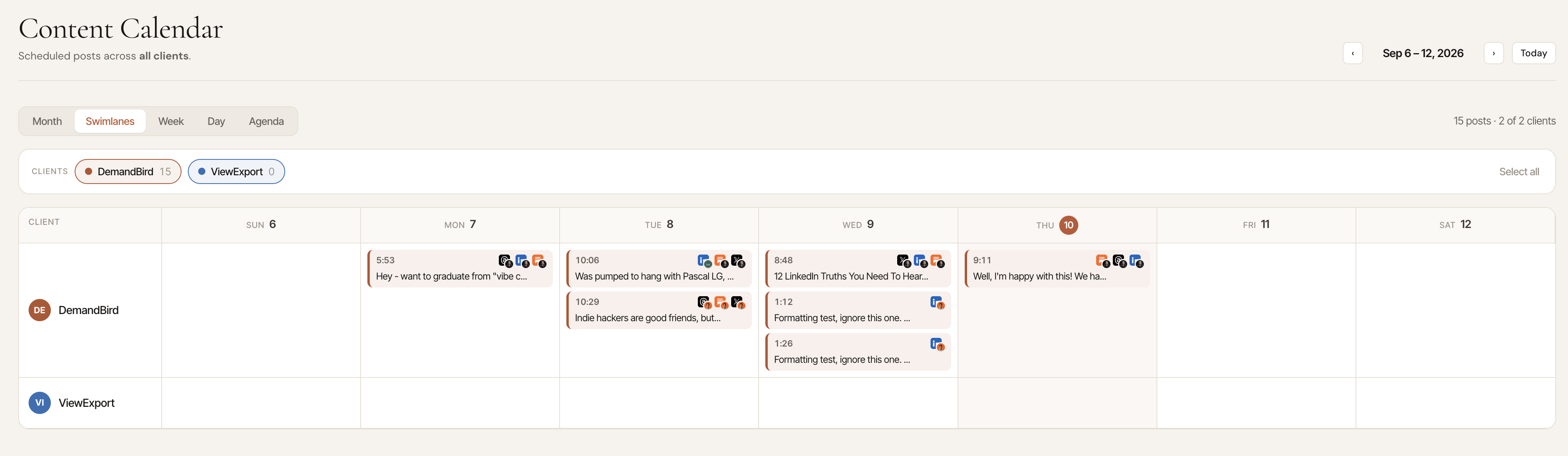 The cross-client calendar in Swimlanes view, one row per client, with a week of scheduled posts.