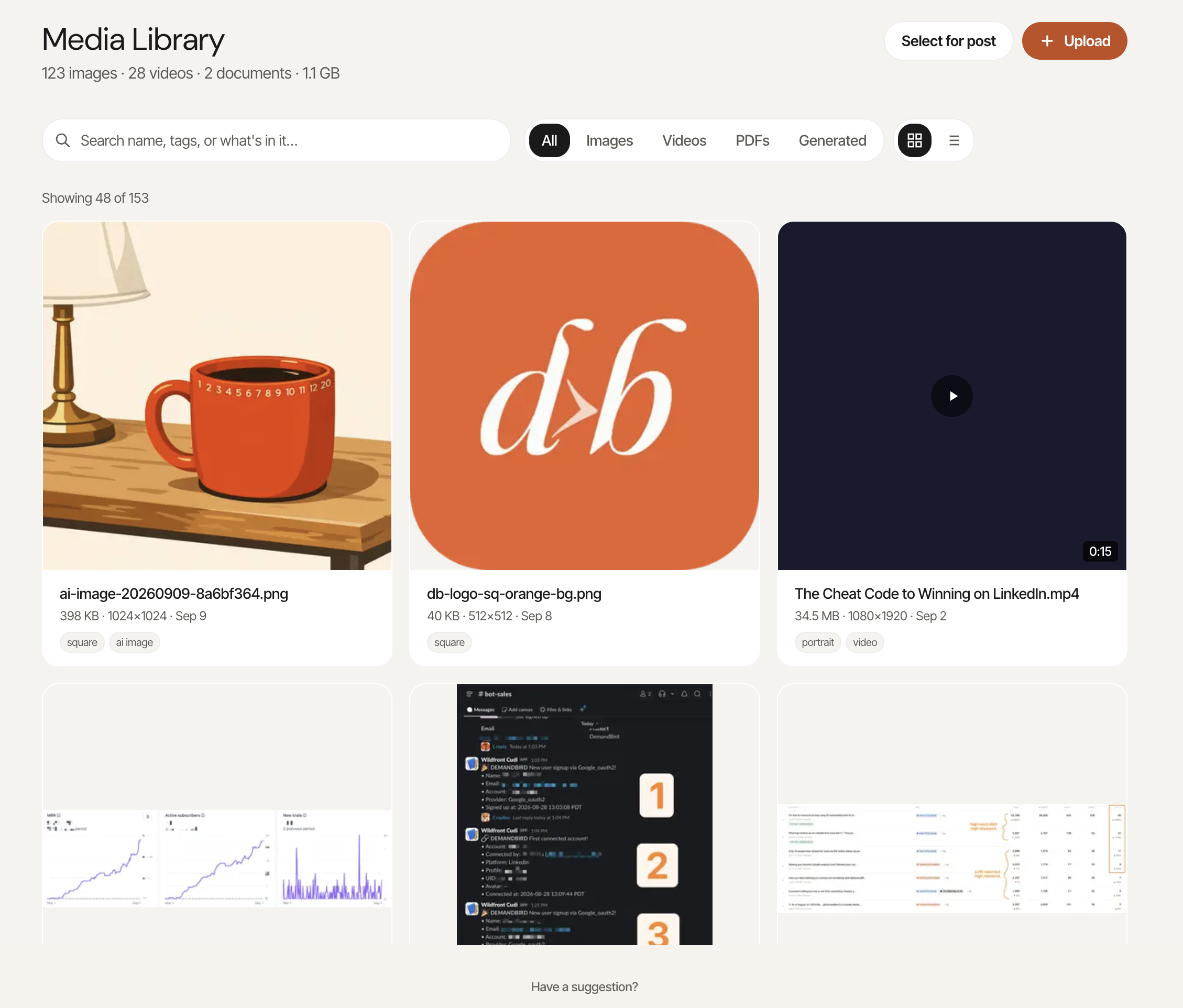 The media library grid with a search box, All, Images, Videos, PDFs and Generated filters, and cards for an image, a logo and a video.