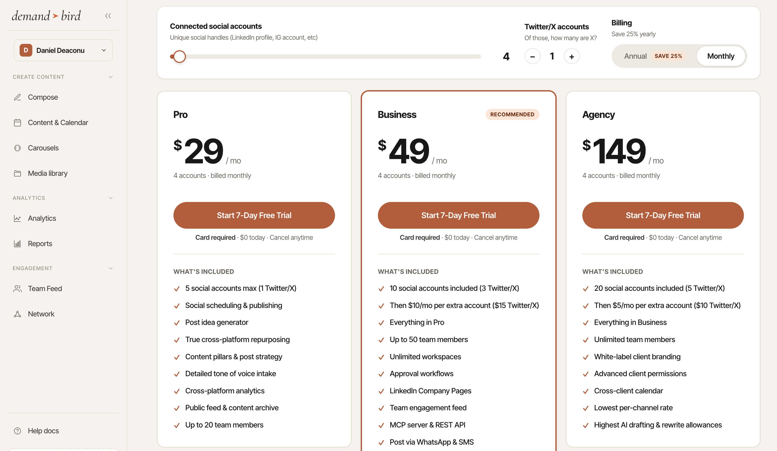 The plan picker: a connected accounts slider and monthly or annual toggle above Pro, Business and Agency cards.