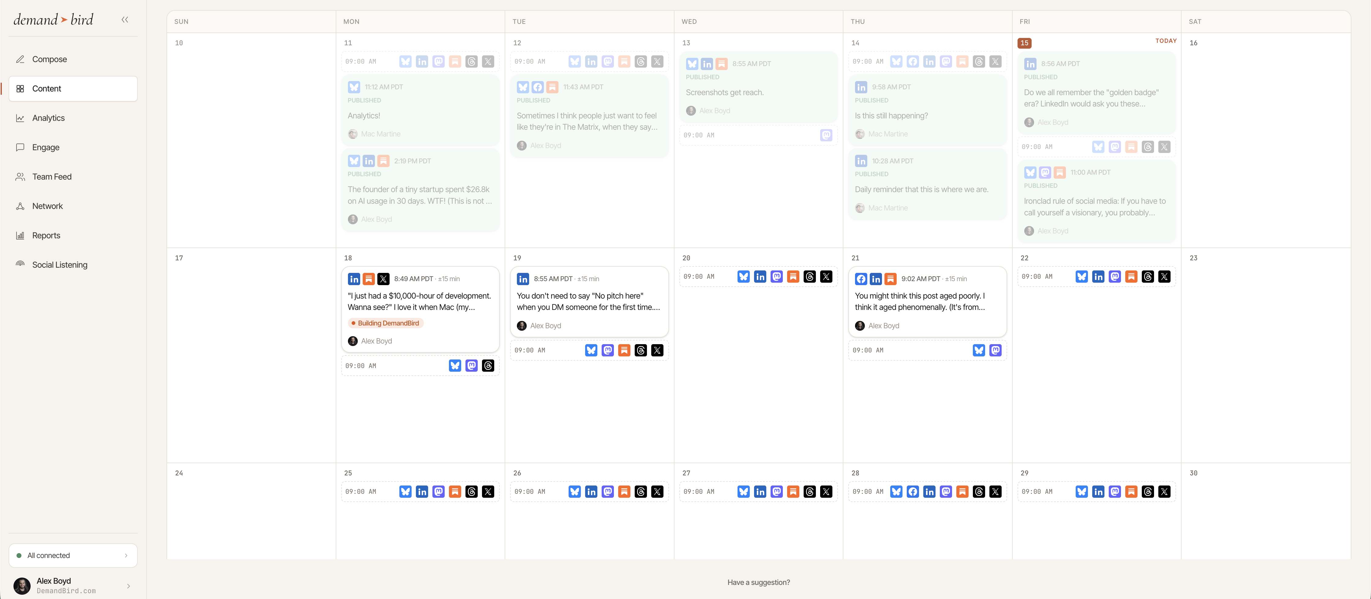 DemandBird dashboard showing a month of scheduled and published posts across LinkedIn, X, Bluesky, Instagram and more