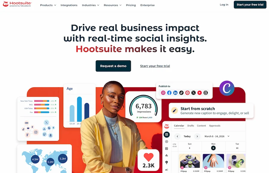 Hootsuite homepage — drive real business impact with real-time social insights