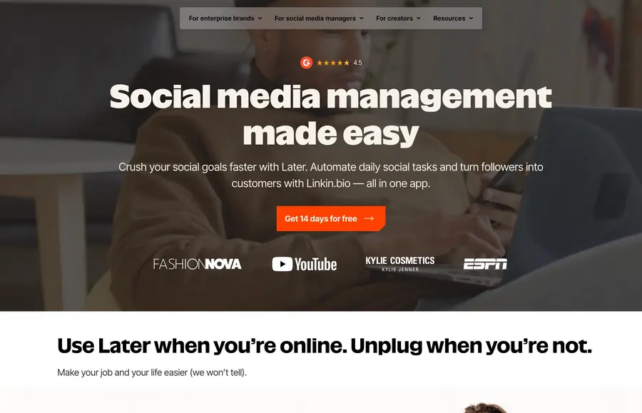 Later homepage — social media management made easy