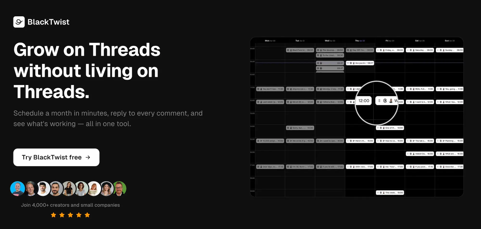 Blacktwist homepage: Grow on Threads without living on Threads, with a weekly scheduling calendar