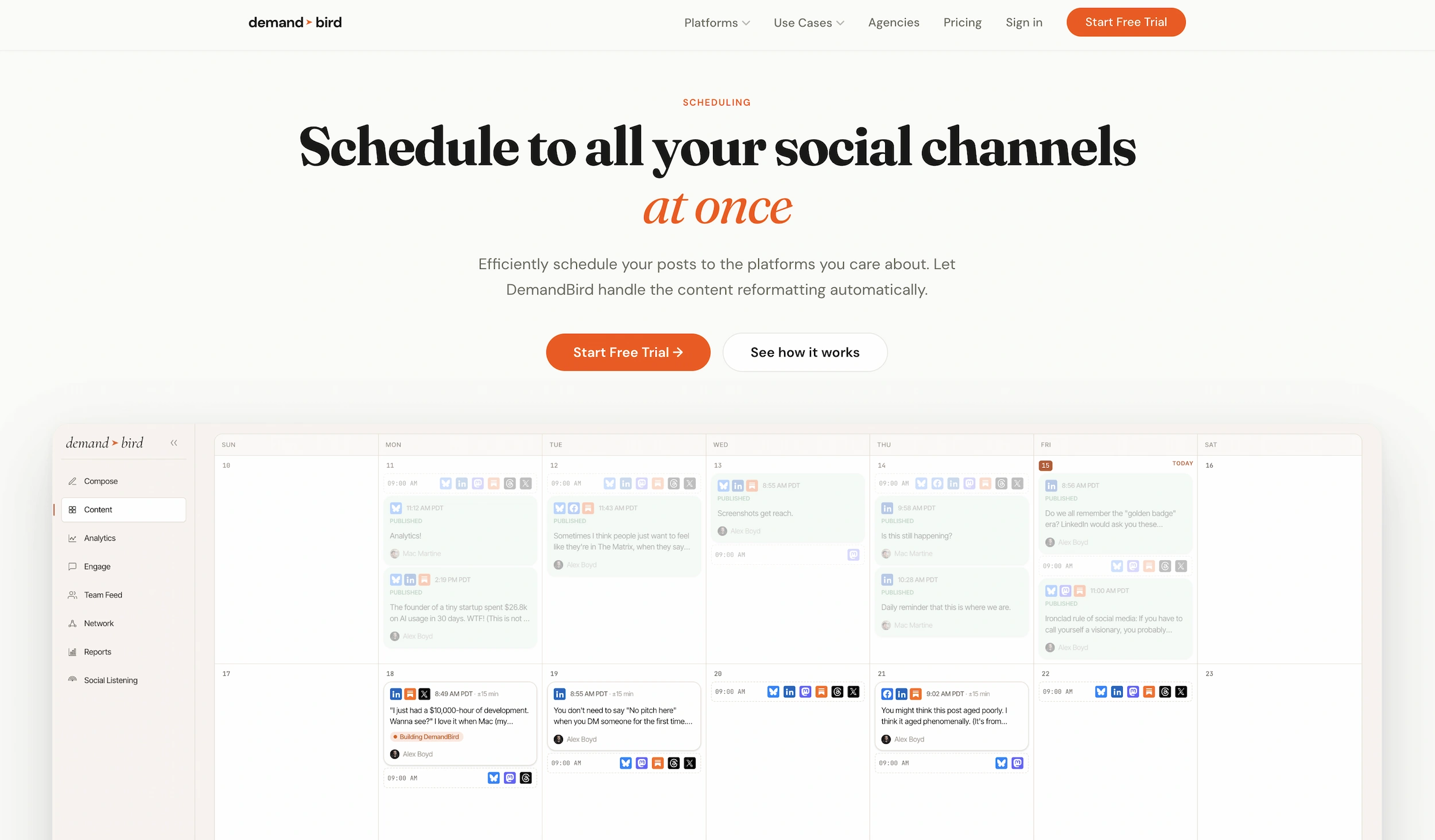 DemandBird scheduling calendar with posts queued across LinkedIn, X, Threads, and more