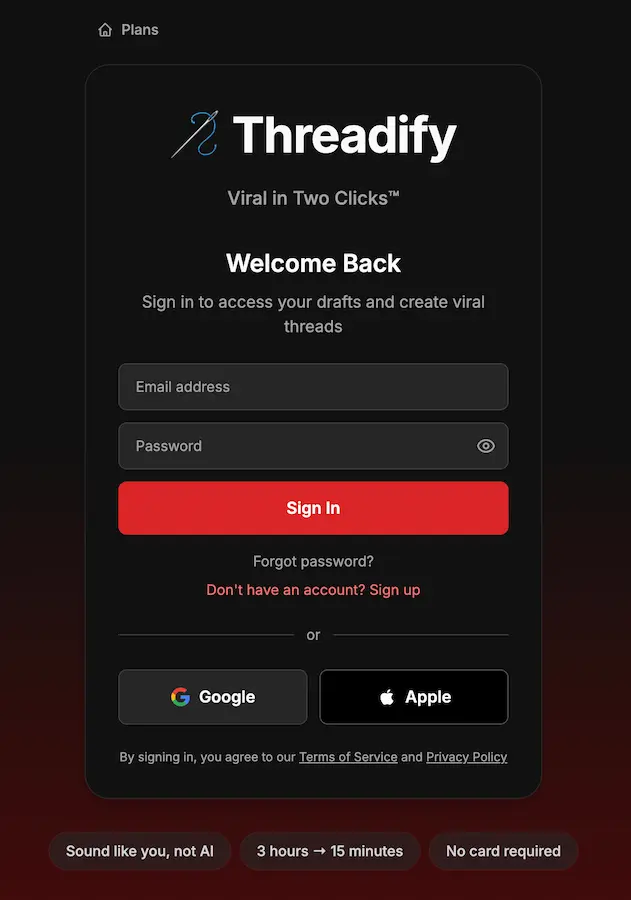 Threadify homepage sign-in: Viral in Two Clicks