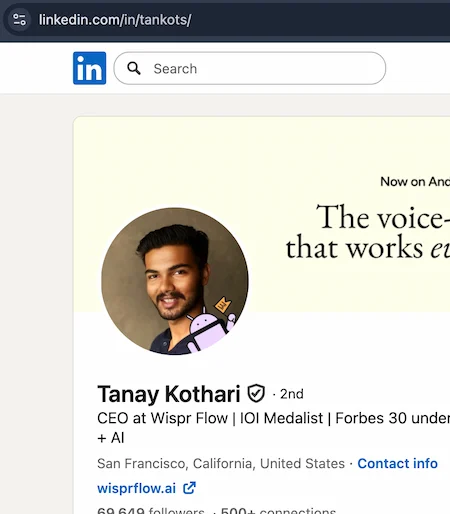 LinkedIn profile of Tanay Kothari showing the custom URL linkedin.com/in/tankots in the browser