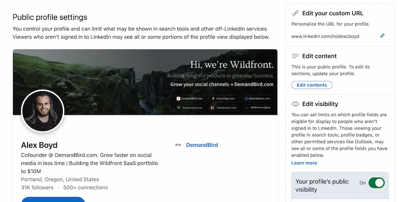 LinkedIn public profile settings page showing the Edit your custom URL panel on the right
