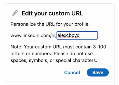 LinkedIn Edit your custom URL dialog showing a text field with the URL alexcboyd