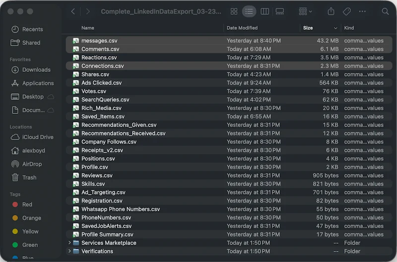macOS Finder showing the contents of a LinkedIn data export archive: messages.csv, Comments.csv, Reactions.csv, Connections.csv, and many other CSV files