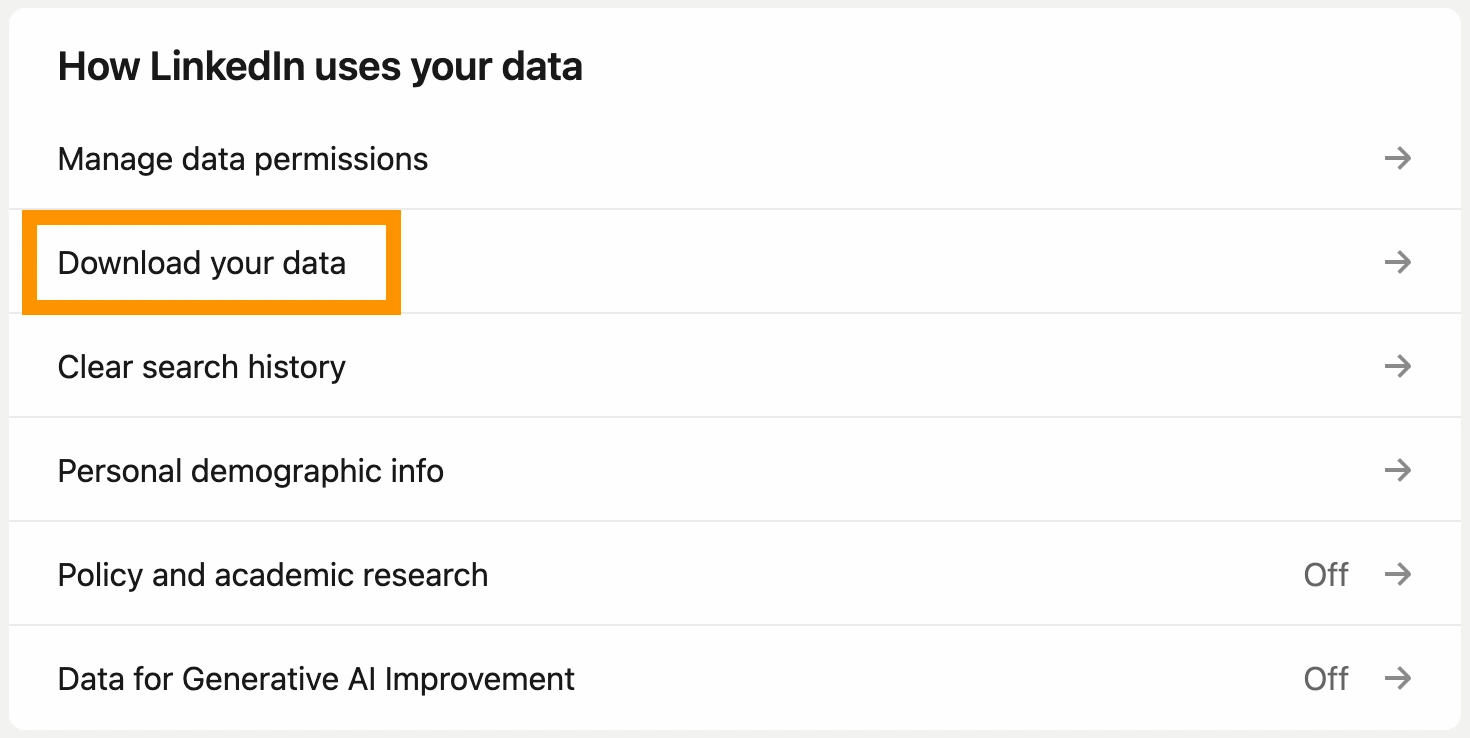 LinkedIn Data privacy settings page showing Download your data option highlighted with an orange box