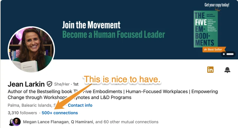 LinkedIn profile showing 500+ connections threshold