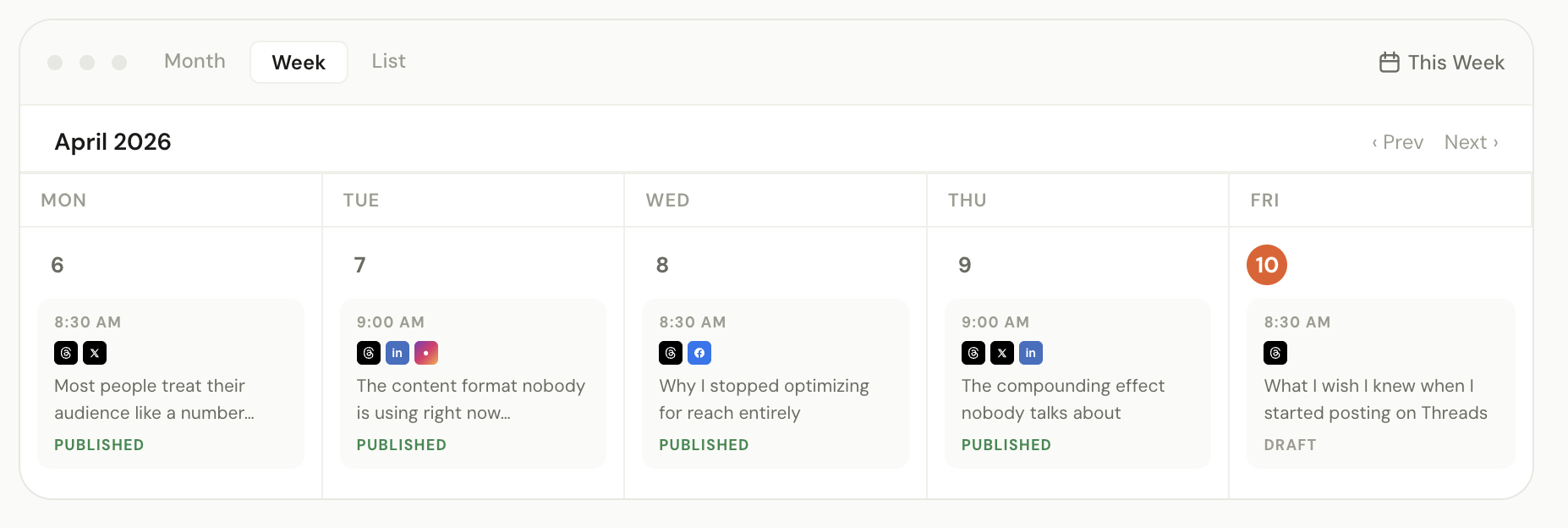 DemandBird calendar view showing a week of scheduled Threads posts alongside LinkedIn, X, and Facebook, with published and draft status indicators