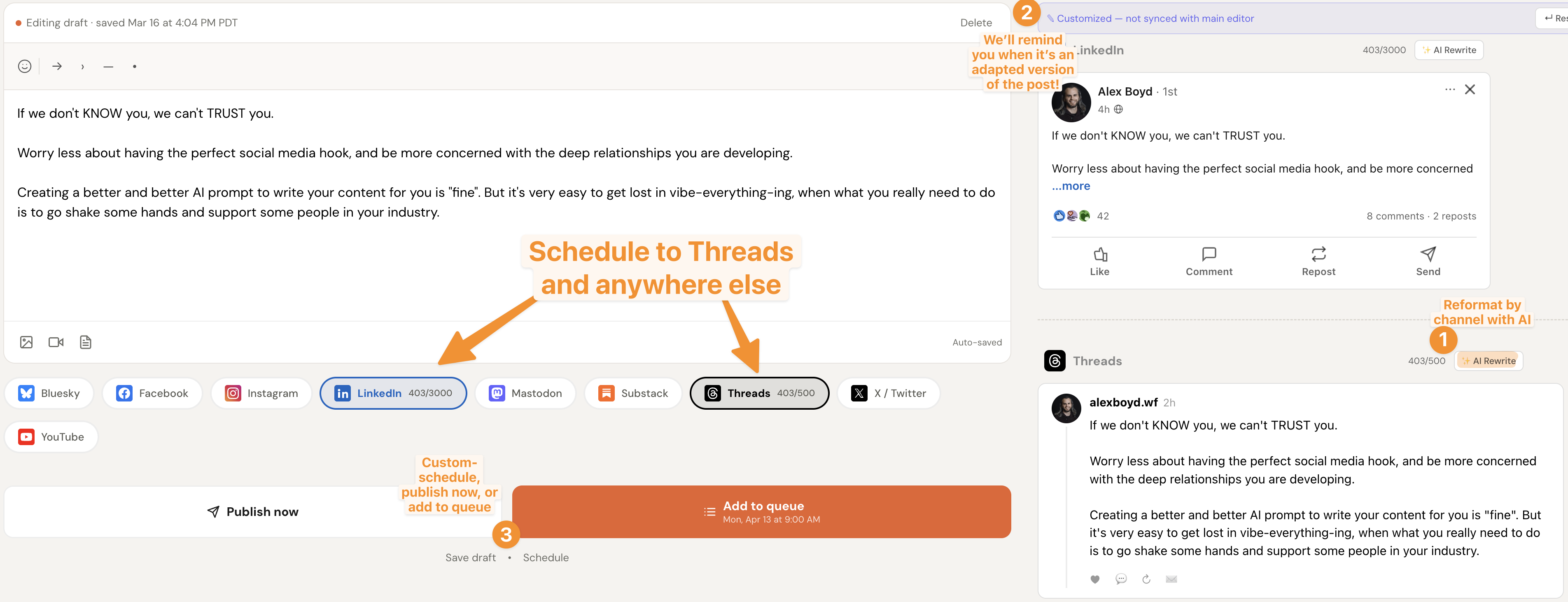 DemandBird composer showing Threads selected as a publish destination alongside LinkedIn, X, and other platforms, with Add to queue button