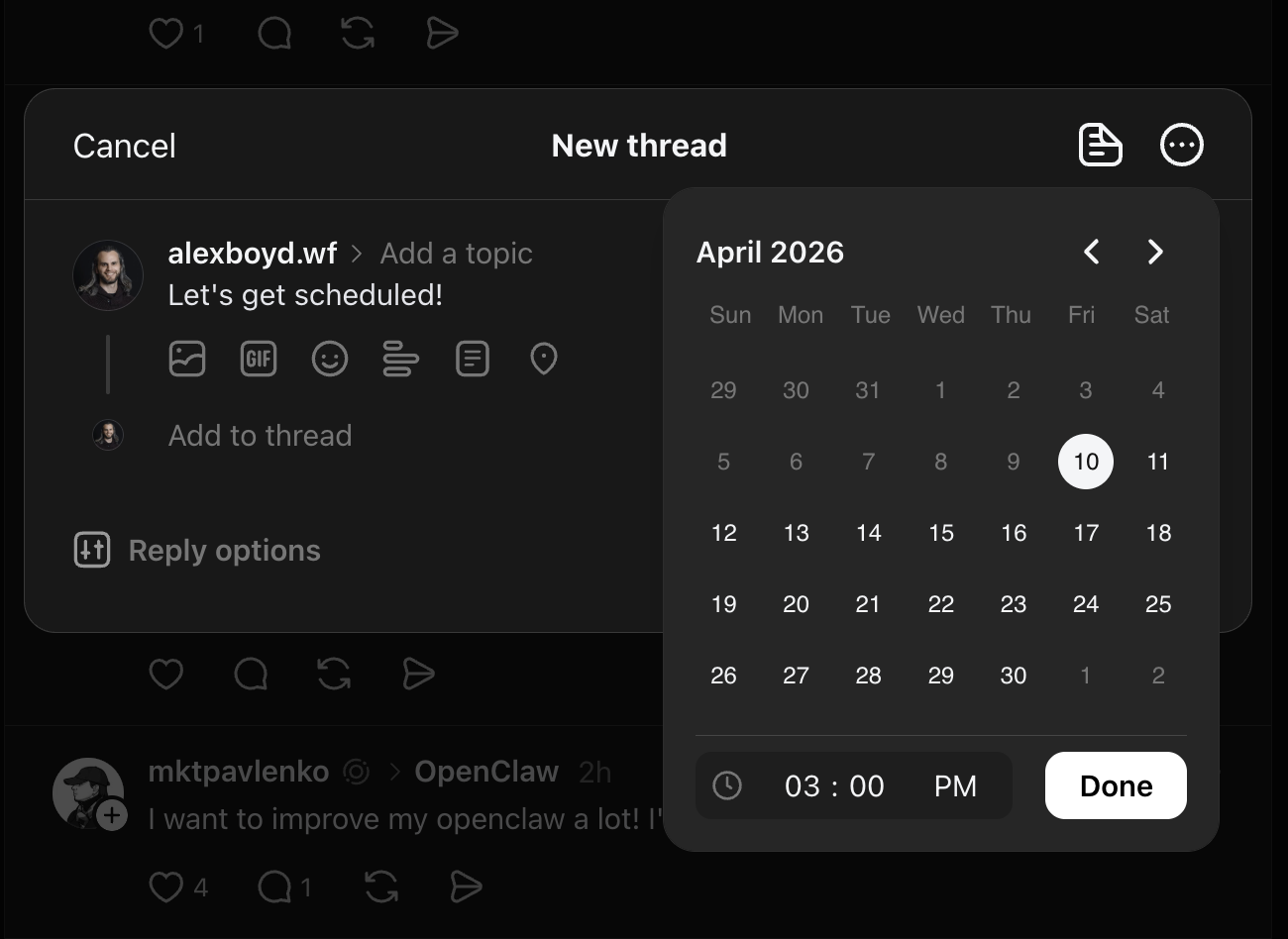 Threads native scheduler showing a simple calendar date and time picker overlay on the compose screen