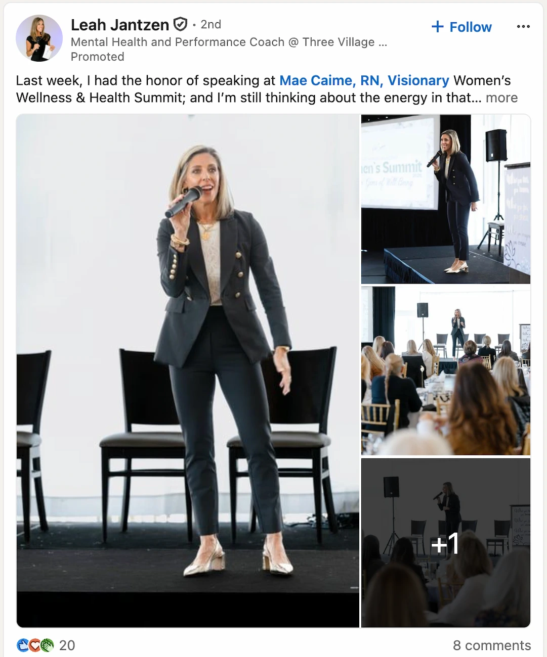LinkedIn post by Leah Jantzen sharing photos from speaking at the Women's Wellness and Health Summit