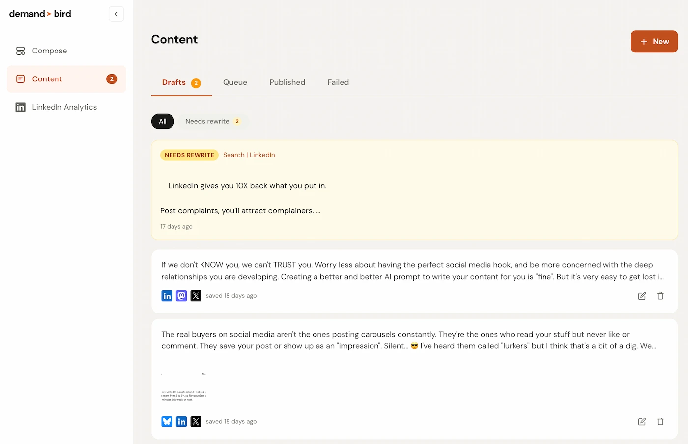 DemandBird content queue showing drafts, including posts flagged for rewrite