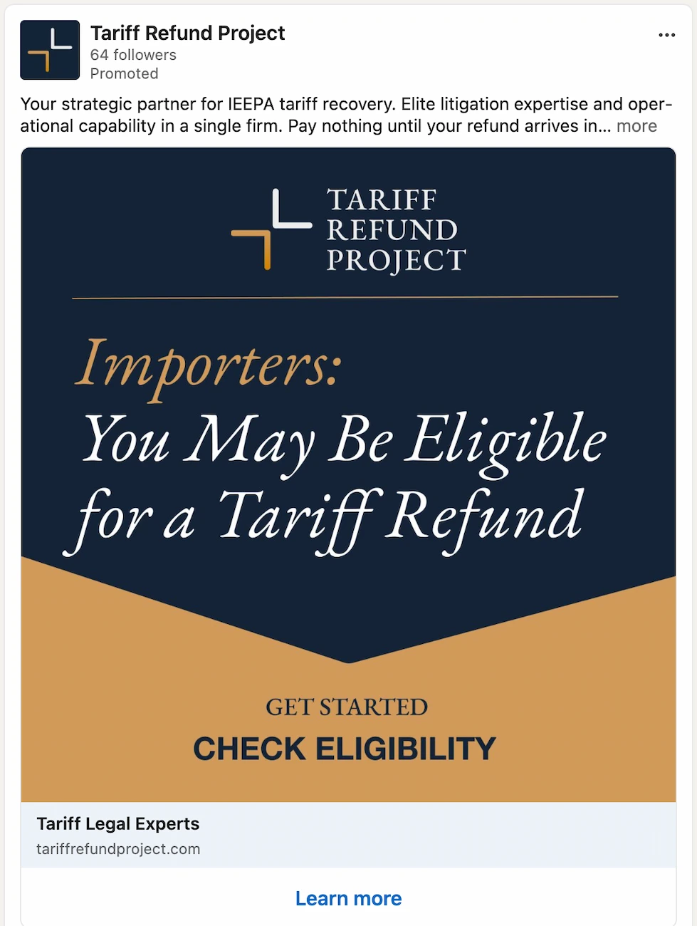 LinkedIn image post from Tariff Refund Project with a bold branded graphic: 'Importers: You May Be Eligible for a Tariff Refund'