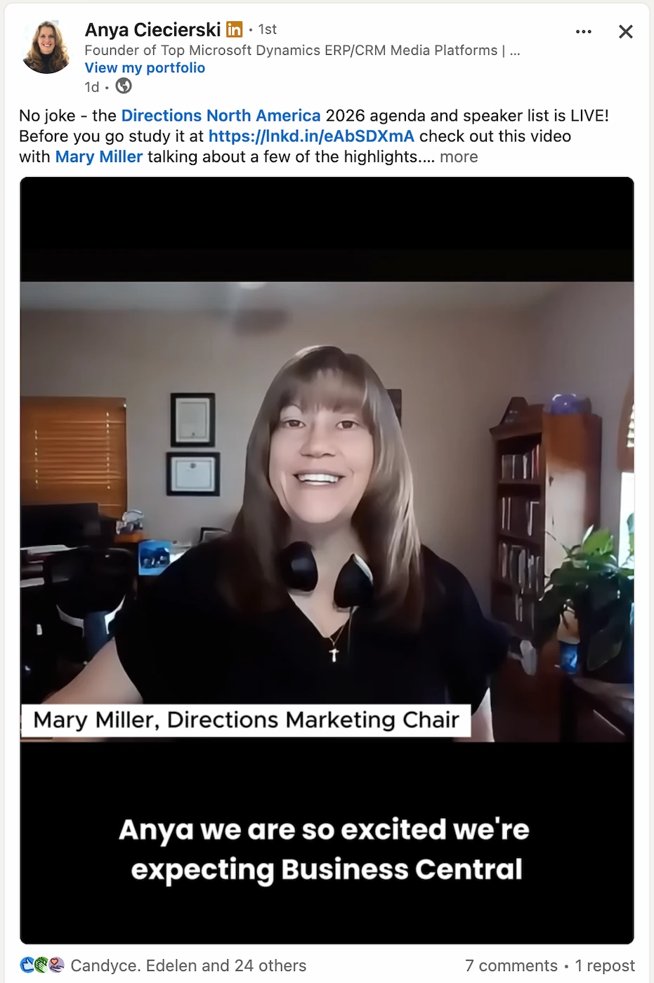 LinkedIn video post by Anya Ciecierski showing a video interview with Mary Miller, Directions Marketing Chair, with captions and engagement