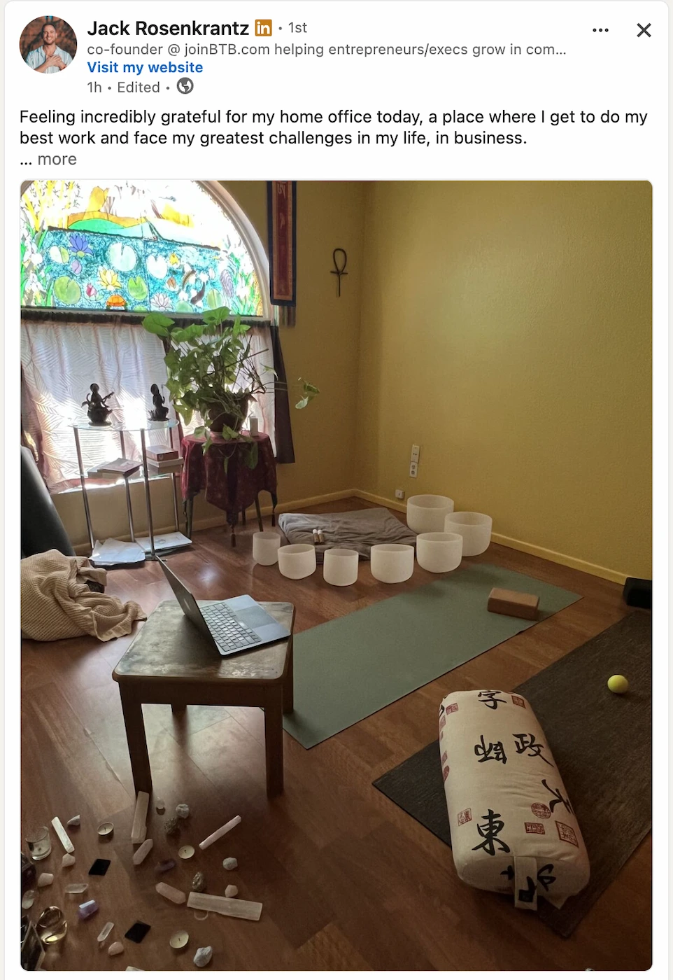LinkedIn post by Jack Rosenkrantz showing his home office setup with yoga mats and singing bowls