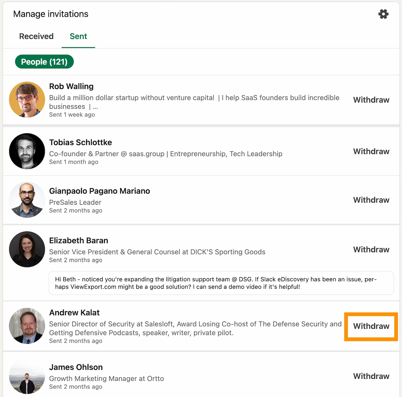 LinkedIn Manage Invitations page showing sent connection requests with Withdraw buttons