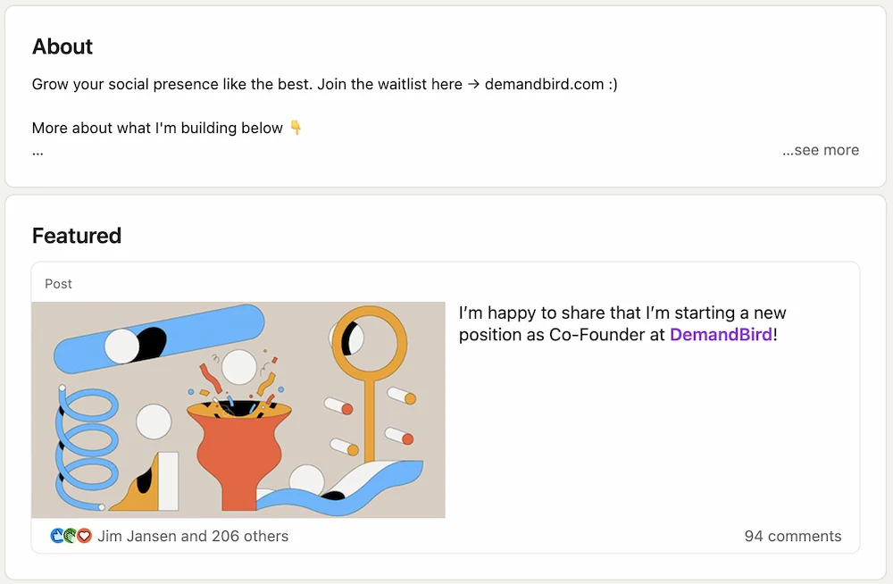 LinkedIn profile showing About and Featured stacked together as clarity plus proof