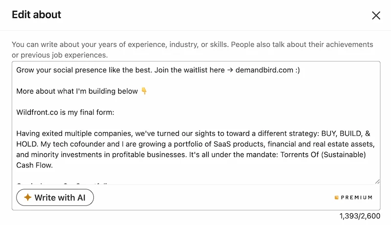 LinkedIn About editor showing the Write with AI button
