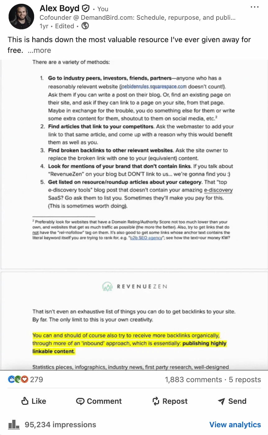 Lead magnet post on LinkedIn: early 2025, higher reach