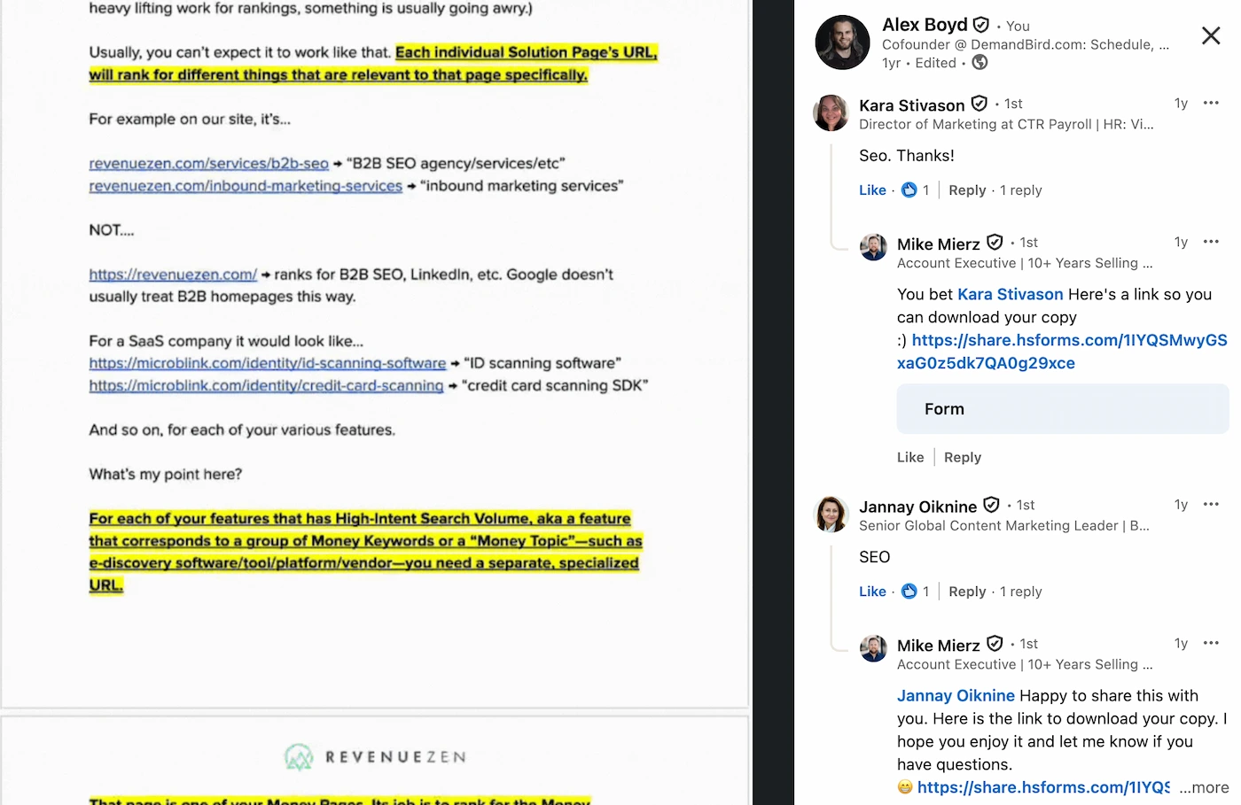 LinkedIn post with comments from industry professionals engaging with B2B content