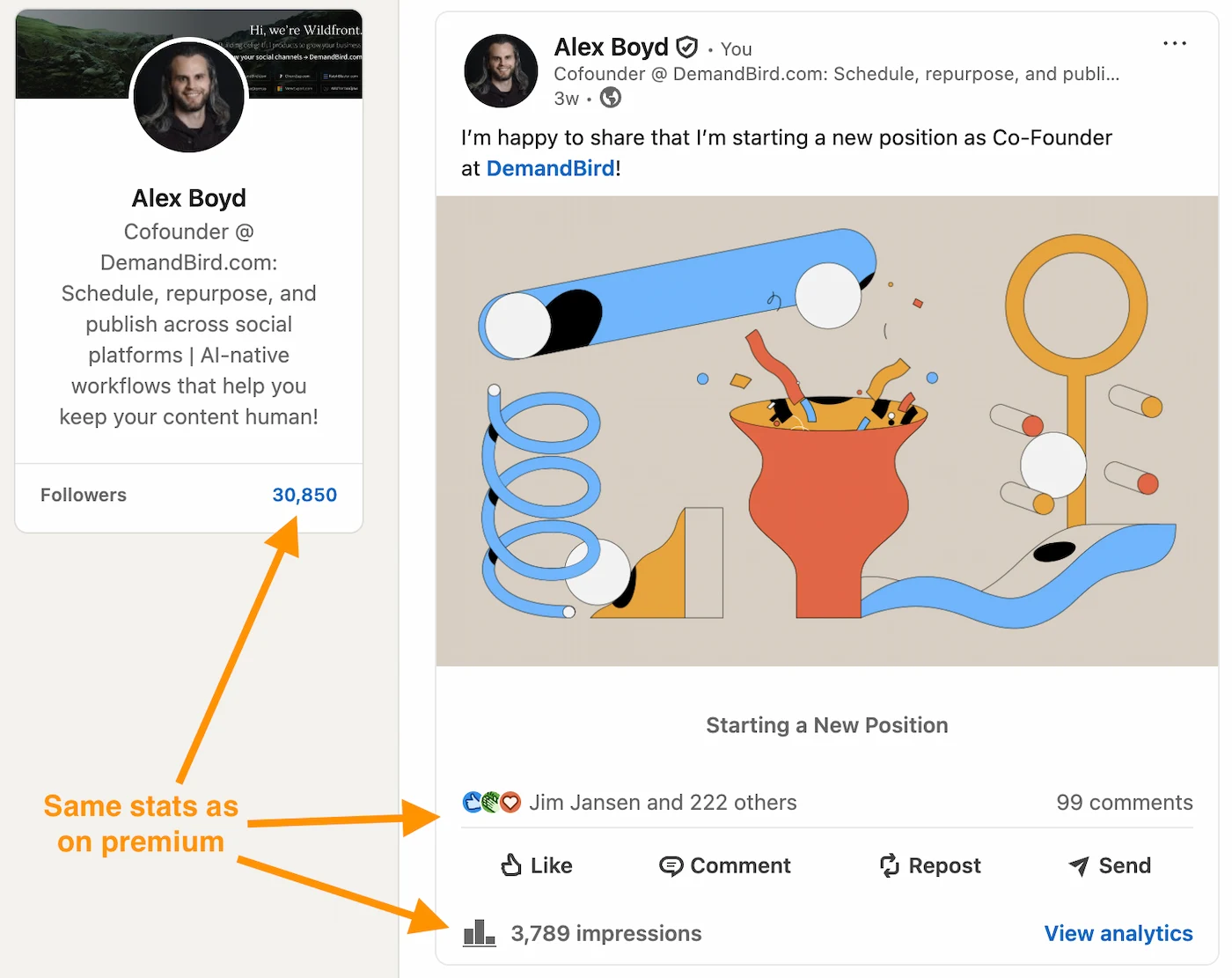 LinkedIn native post analytics dashboard showing impressions, reactions, and comments