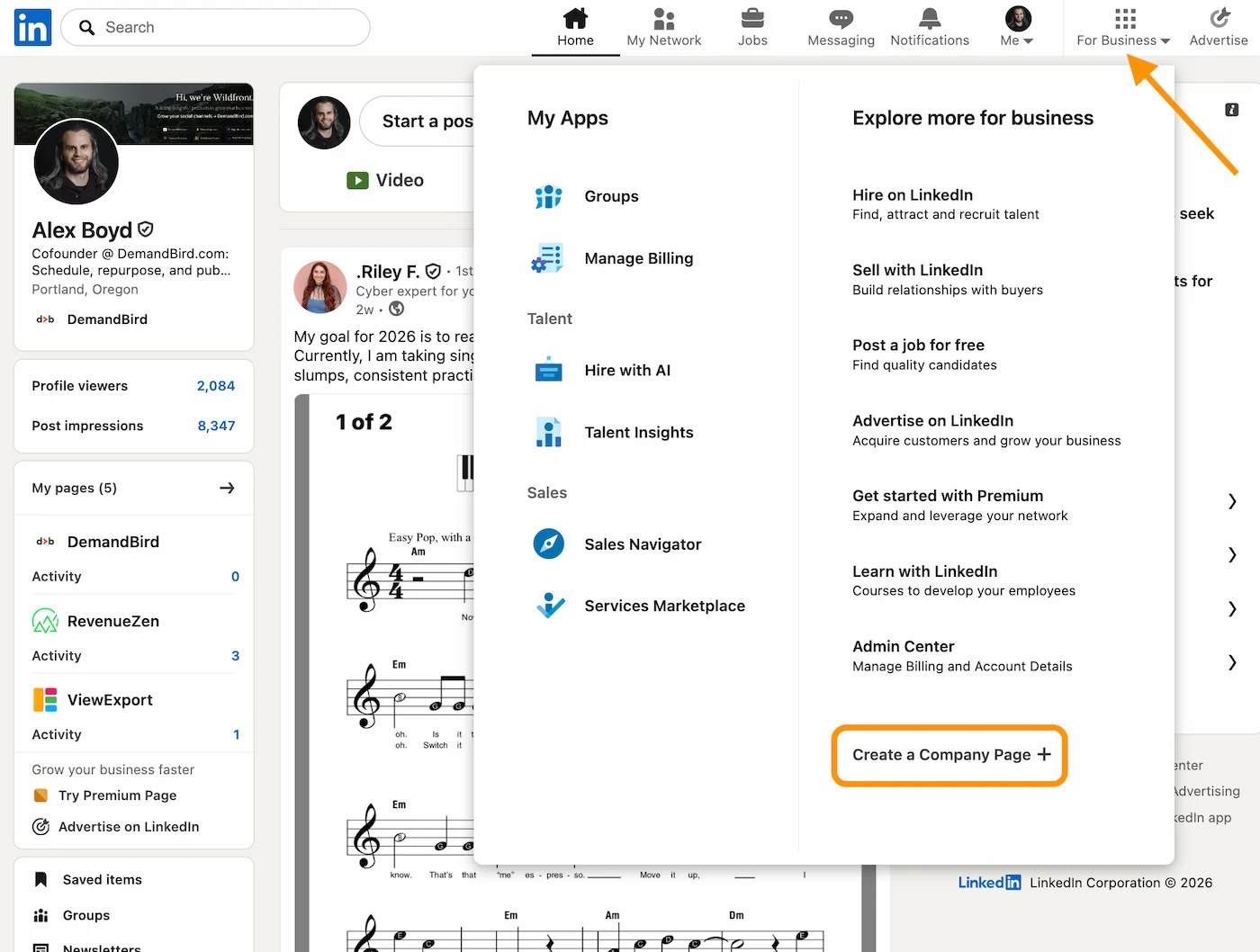 LinkedIn homepage showing the For Business menu with Create a Company Page option