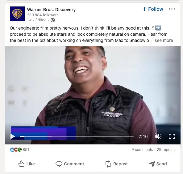 LinkedIn company page video post showing a behind-the-scenes team interview