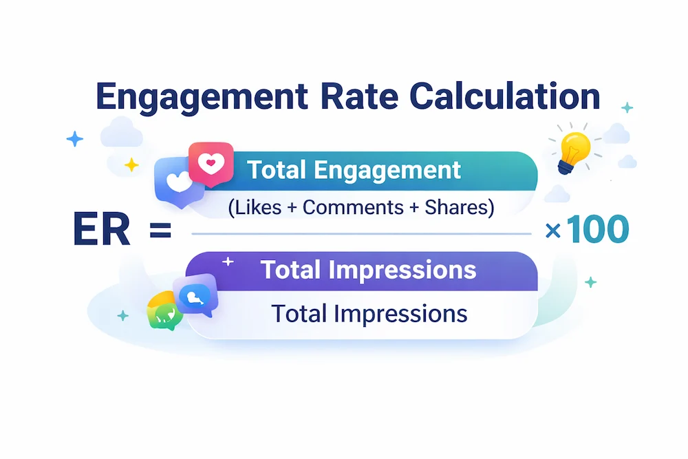 LinkedIn engagement rate formula: (likes + comments + shares) divided by impressions, multiplied by 100