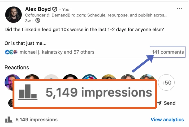 LinkedIn post analytics showing impressions, reactions, comments, and shares