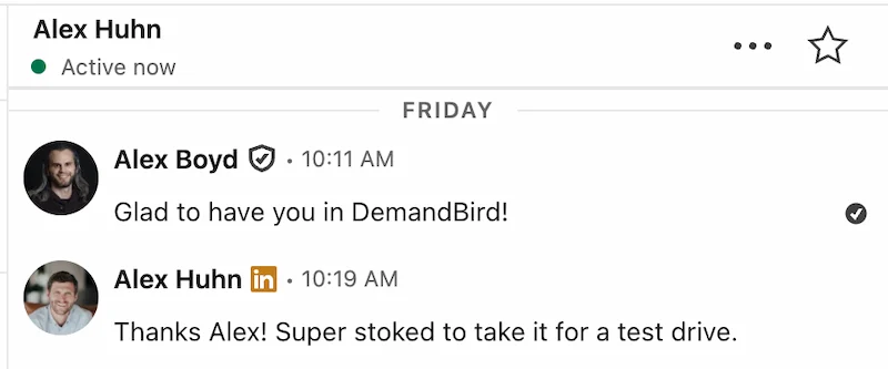 Example of a LinkedIn message sent to a new connection to start a genuine conversation