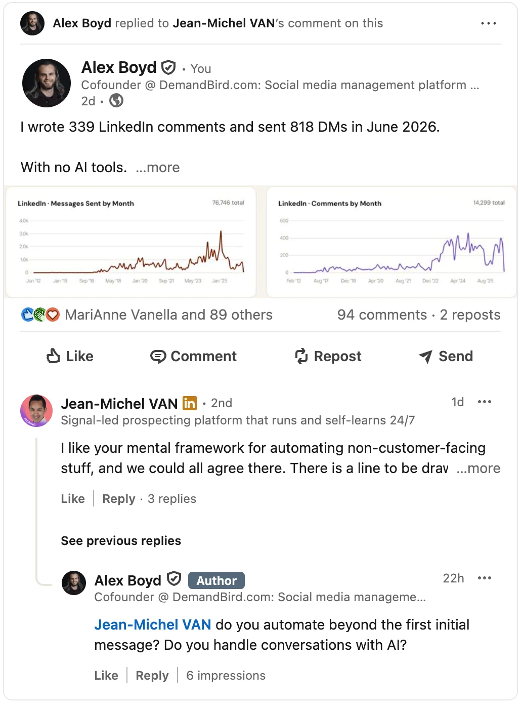 Alex Boyd commenting on his own LinkedIn post about commenting