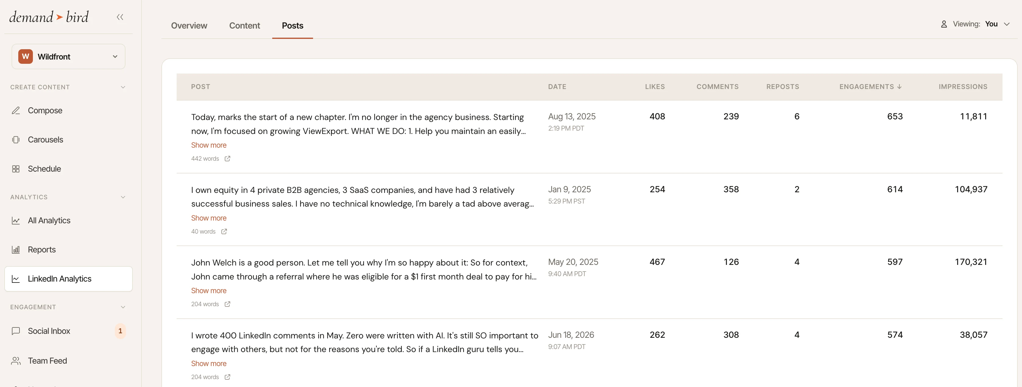Table of LinkedIn posts sorted by engagement to spot which content is performing best