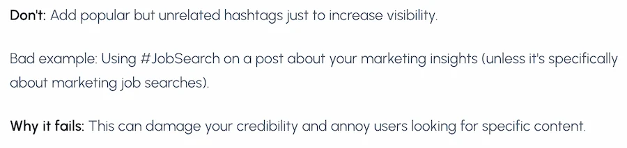 Good and bad examples of LinkedIn hashtag usage in a post