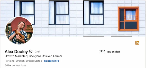 Alex's LinkedIn headline for growth marketer: personality first, with chickens