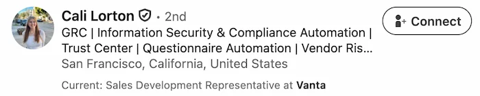 Cali Lorton's LinkedIn headline using industry terms instead of her SDR job title