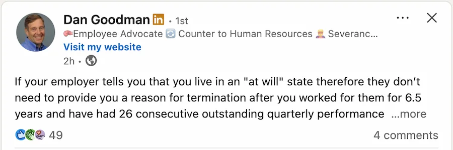 Dan Goodman's LinkedIn post showing his 220-character headline truncated to 61 characters in-feed