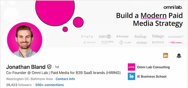 Jonathan's founder LinkedIn headline showing company offering and a hiring signal