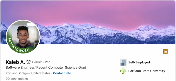 Kaleb's LinkedIn headline as a new grad software engineer: owning the identity, not hedging
