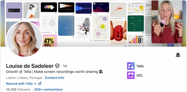 Louise's LinkedIn headline pairing a brand slogan with a custom below-the-headline CTA button