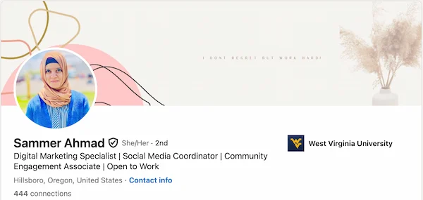 Sammer's LinkedIn headline as a recent graduate: no banner, focused on skills and direction