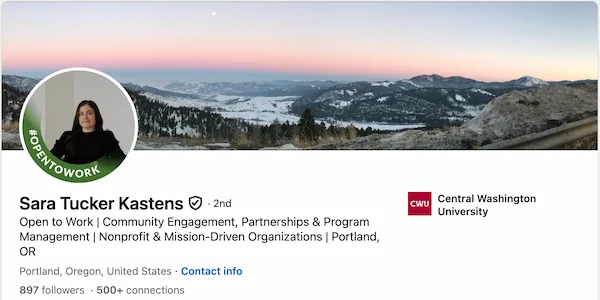 Sara's LinkedIn profile using the #OpenToWork banner with a confident, non-desperate headline