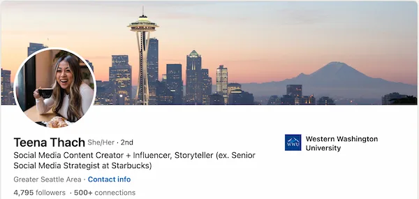 Teena's LinkedIn headline for social media consultant: friendly, competent, credible