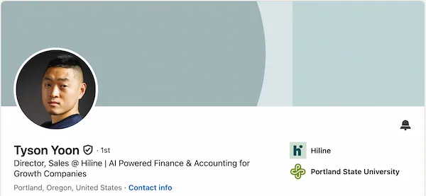 Tyson's LinkedIn headline as an account executive using AI positioning